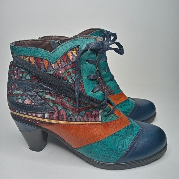 SOCOFY Bohemian Splicing Pattern Block Zipper Ankle Leather Boots - Picture 3 of 10